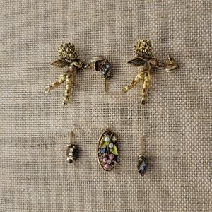 Vintage Cherub Coat Pins Lot of 3 Angel Cupid and FloralGold Tone Rhinestones